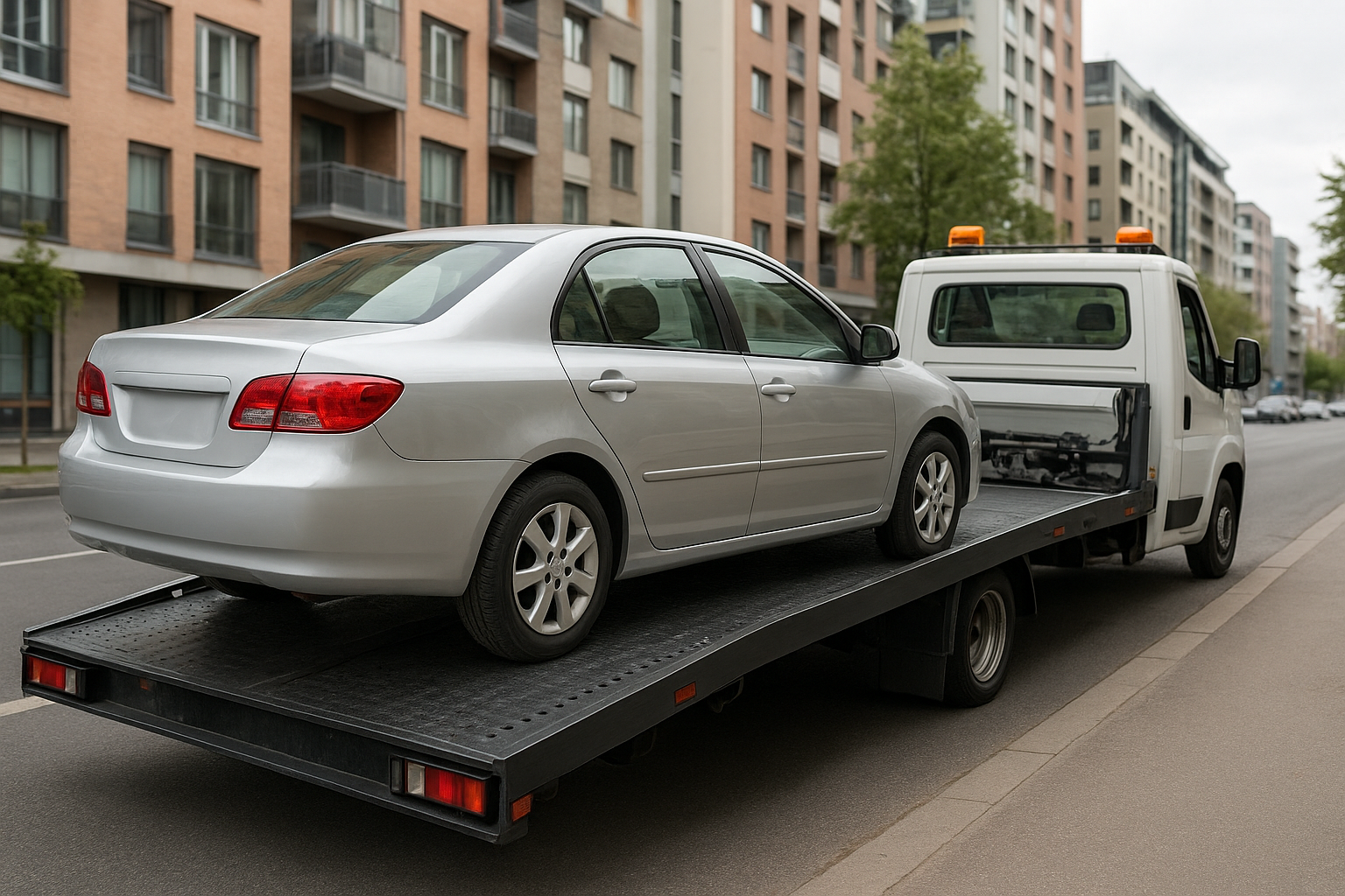 Samochód kupiony przez Auto Skup Warszawa Wola ładowany na lawetę w Warszawie
