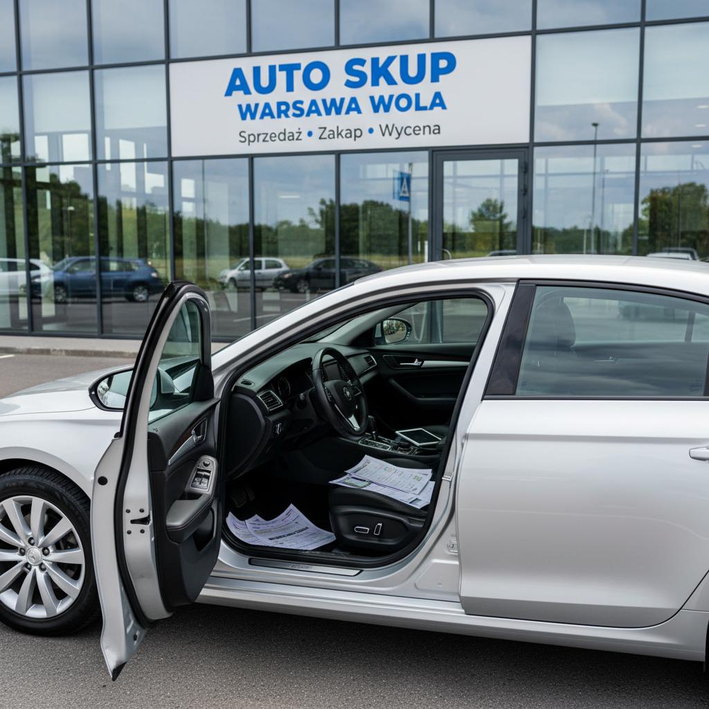 Osobowy samochód z otwartymi drzwiami i bagażnikiem, uporządkowane wnętrze, dokumenty na siedzeniu, parking z szyldem Auto Skup Warszawa Wola w tle.