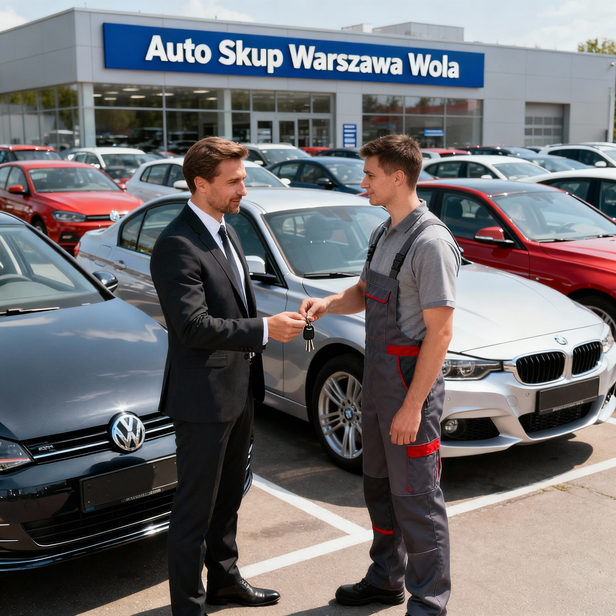 Sprzedający w Warszawie Wola przekazuje kluczyki pracownikowi Auto Skupu na placu z wieloma samochodami w tle.