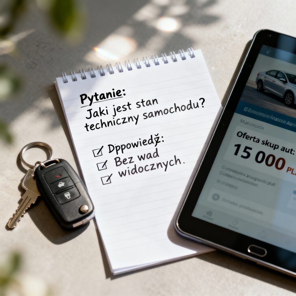 Notatnik z zapisanymi pytaniami i odpowiedziami leży na biurku obok kluczyków samochodu i tabletu z ofertą skupu aut, symbolizując proces udzielania informacji klientom auto skupu w Warszawie.