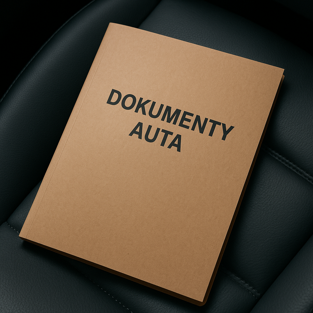 Brązowa teczka z napisem „DOKUMENTY AUTA” leży na czarnym, skórzanym siedzeniu samochodu. Z teczki wystają dokumenty potrzebne do sprzedaży auta w auto skupie – dowód rejestracyjny, umowa sprzedaży i dowód osobisty.