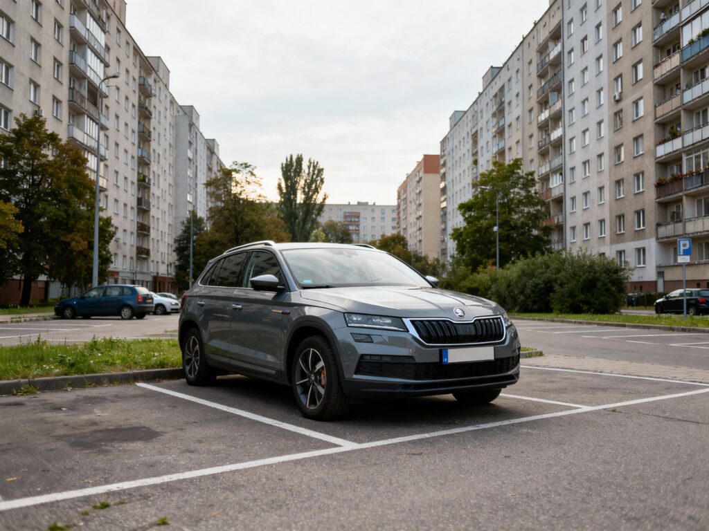 Samochód poleasingowy zaparkowany na osiedlowym parkingu na warszawskiej Woli, w tle bloki mieszkalne, widok dzienny, bez ludzi.