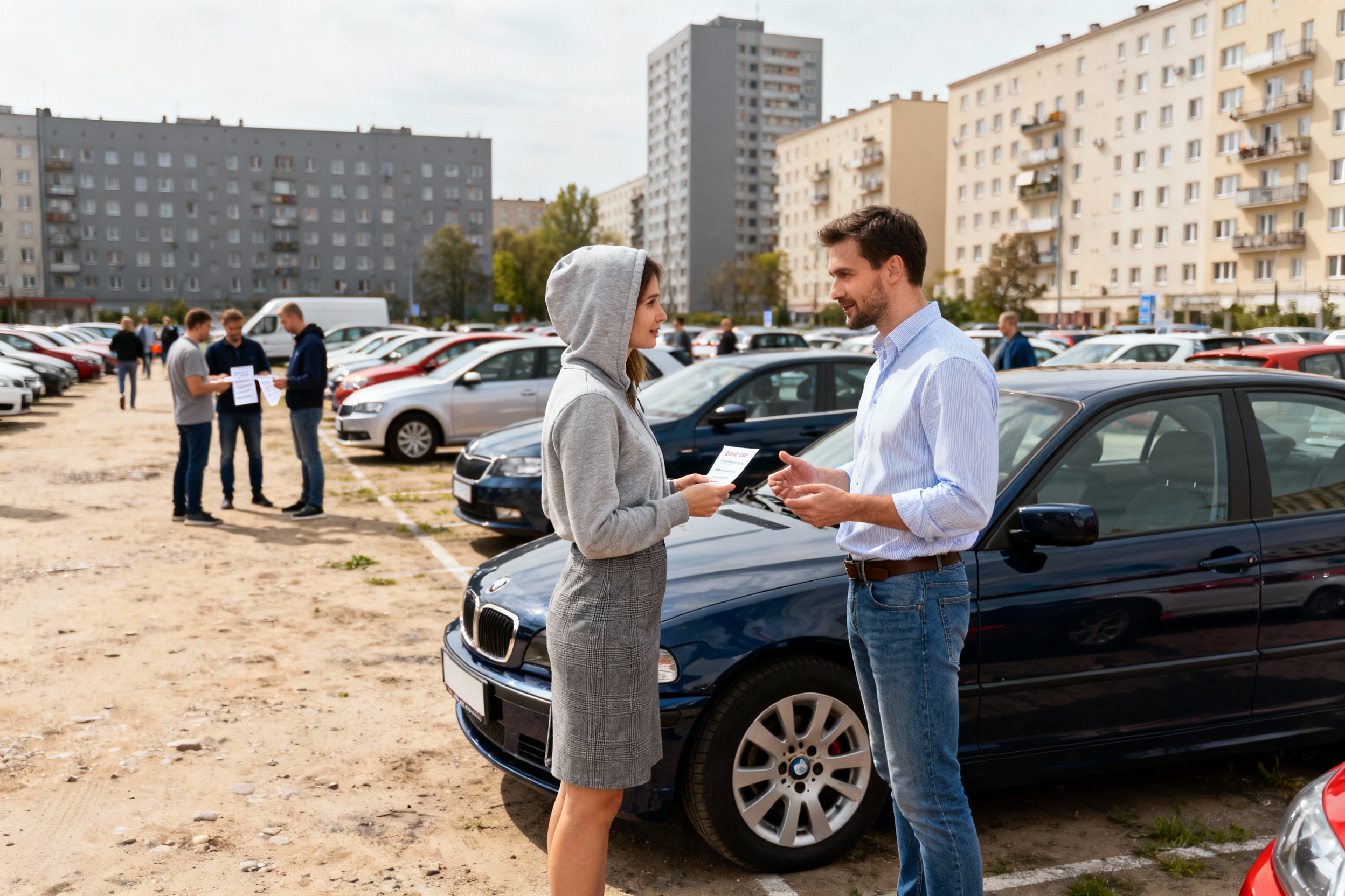 Para w smart casual dokonuje wyceny samochodu poleasingowego na parkingu na Woli w Warszawie, pracownik skupu aut omawia cenę ze sprzedającym.
