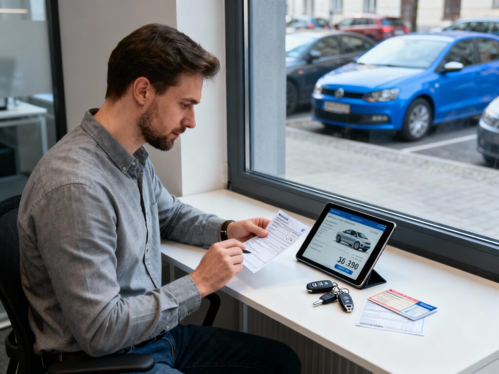 Rzeczoznawca auto skupu w biurze na warszawskiej Woli sprawdza dokumenty i wycenę samochodu na tablecie przed finalizacją transakcji