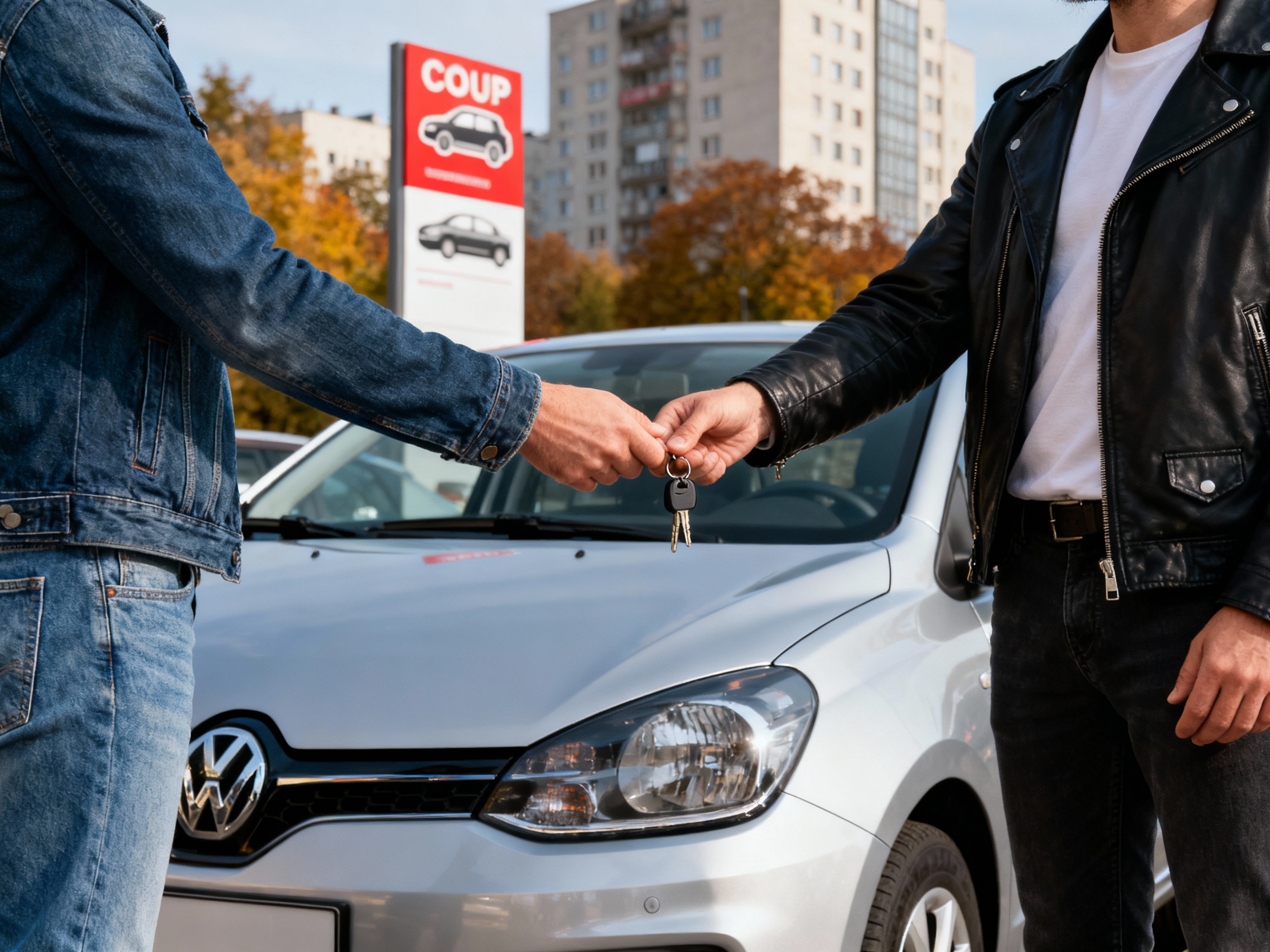 Sprzedaż samochodu w auto skupie Warszawa Wola – dwóch mężczyzn w stylu smart casual finalizuje transakcję i przekazuje kluczyki