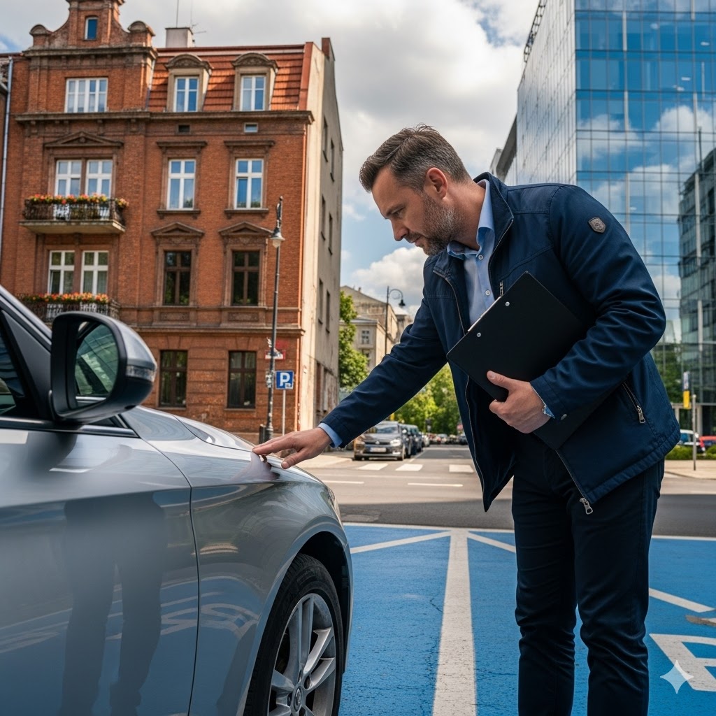 Profesjonalny rzeczoznawca samochodowy dokonujący oględzin auta zaparkowanego w strefie płatnego parkowania (niebieskie linie) na warszawskiej Woli. W tle nowoczesne biurowce i stara zabudowa. Sprzedaj nieużywane auto.