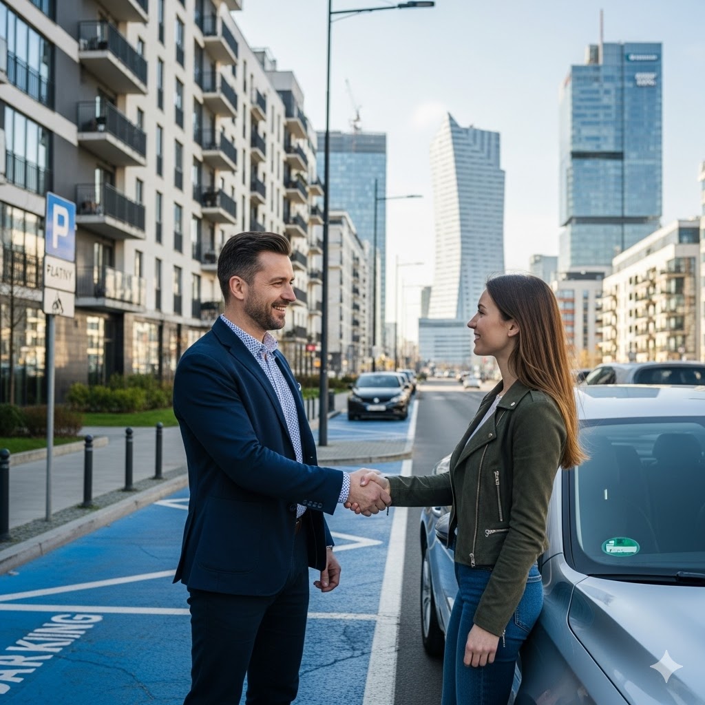 Transakcja sprzedaży samochodu osobowego na ulicy w warszawskiej dzielnicy Wola. Widać niebieskie linie strefy płatnego parkowania oraz nowoczesną zabudowę Odolan.