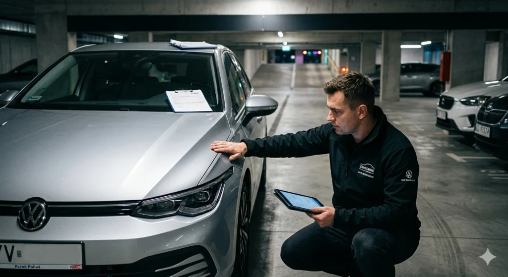 Rzeczoznawca Auto Skup Warszawa Wola sprawdzający hatchback w garażu podziemnym apartamentowca.