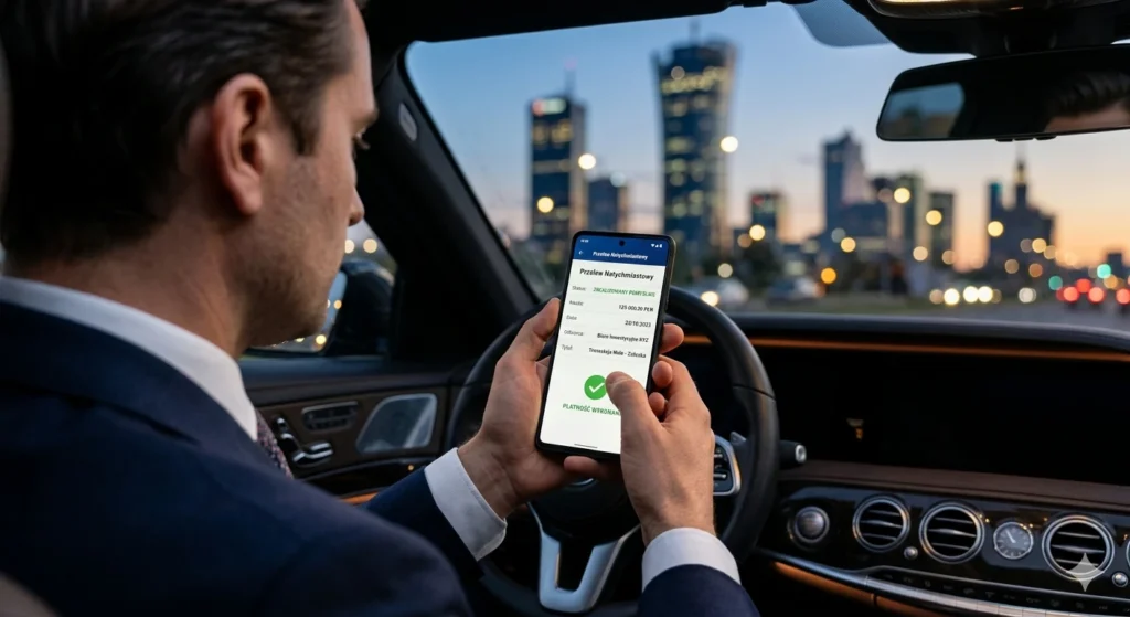 Natychmiastowy przelew za auto na smartfonie – symbol szybkiej płatności od Skup Aut Warszawa Wola.