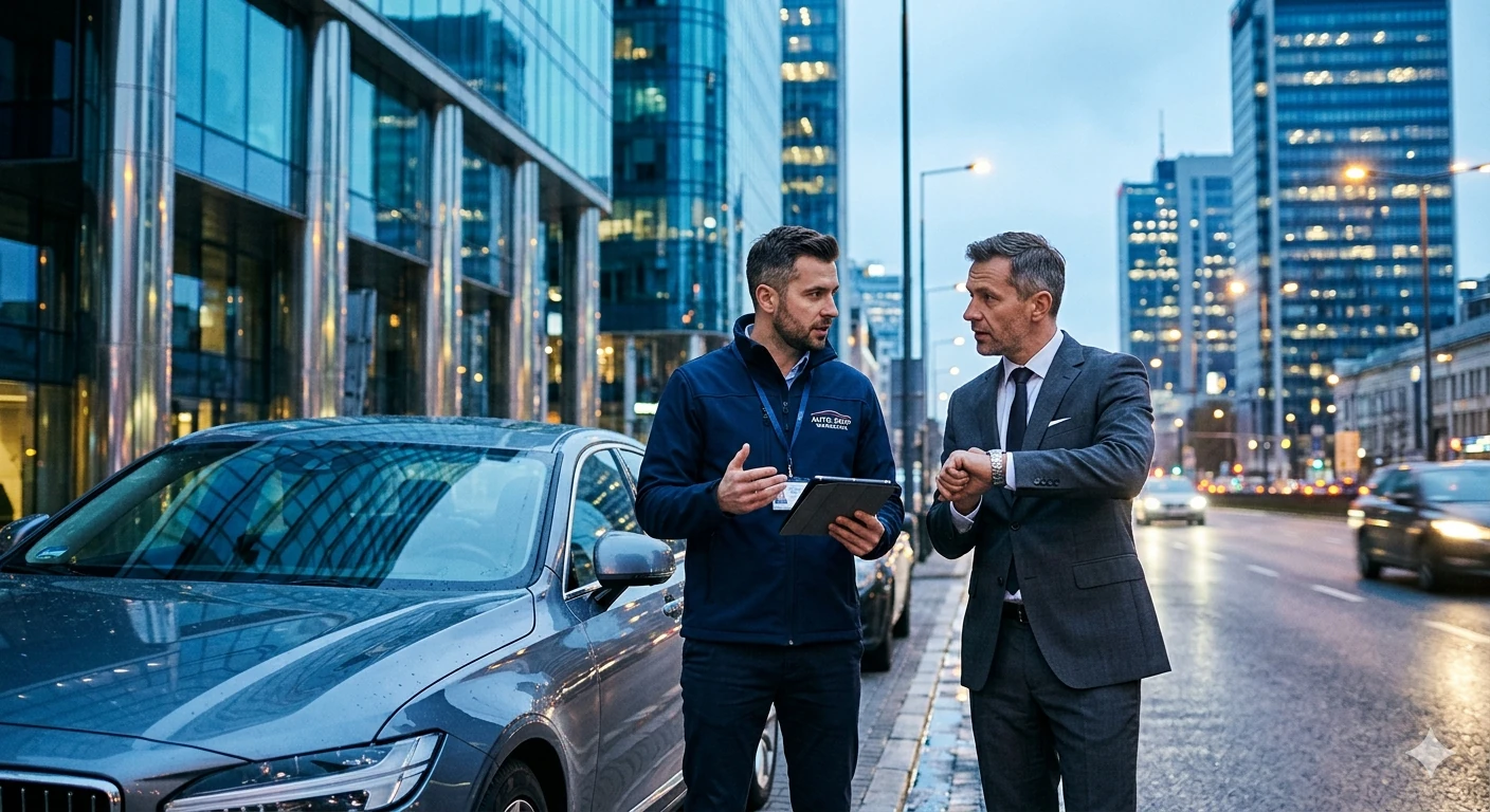 Rzeczoznawca Auto Skup Warszawa Wola wyceniający premium sedan biznesmena w biznesowej dzielnicy Wola.