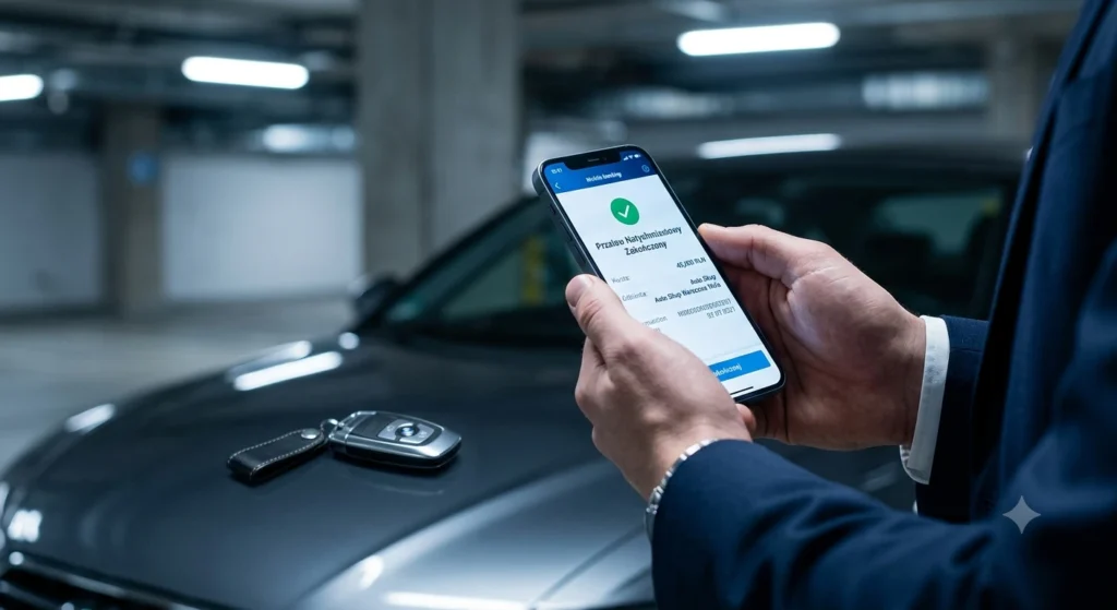 Zbliżenie na smartfon z potwierdzeniem przelewu za sprzedaż auta. Bezpieczny skup samochodów Warszawa Wola.