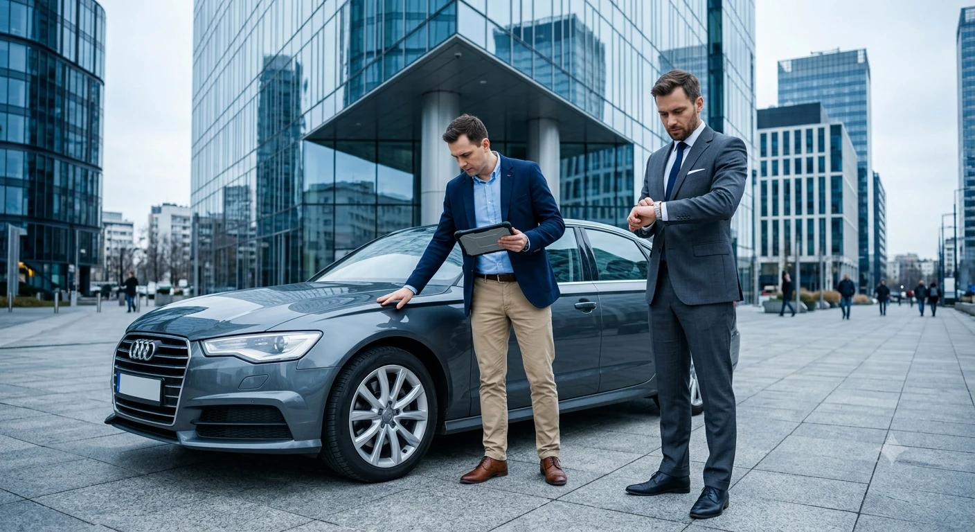 Rzeczoznawca wycenia auto biznesmena pod szklanym biurowcem na Woli. Skup aut Warszawa Wola.