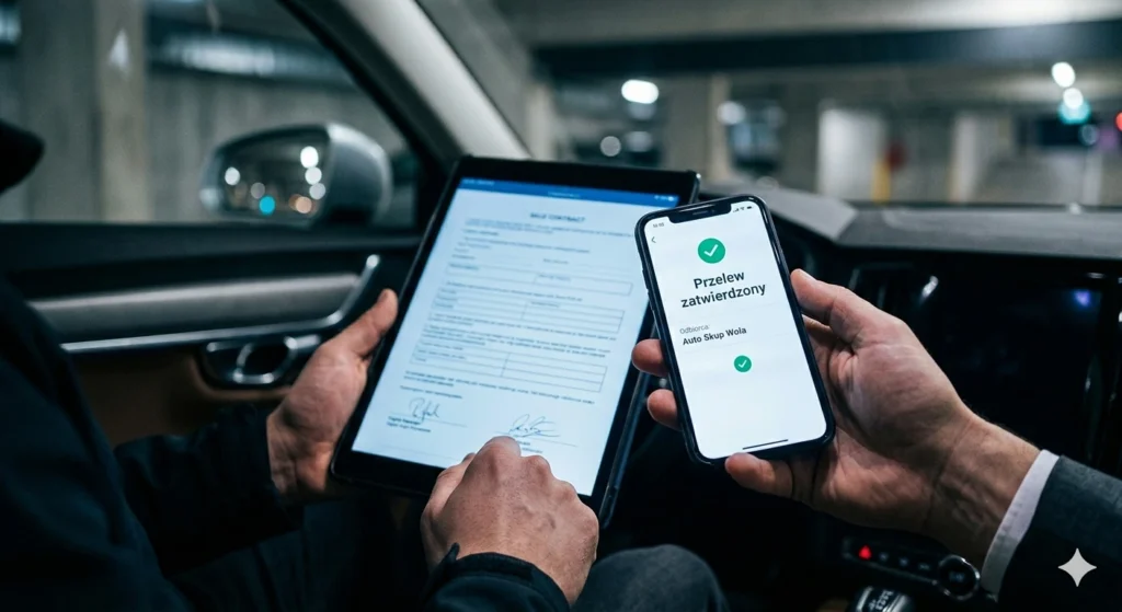 Zrzut ekranu aplikacji bankowej potwierdzający natychmiastowy przelew za auto na Woli.