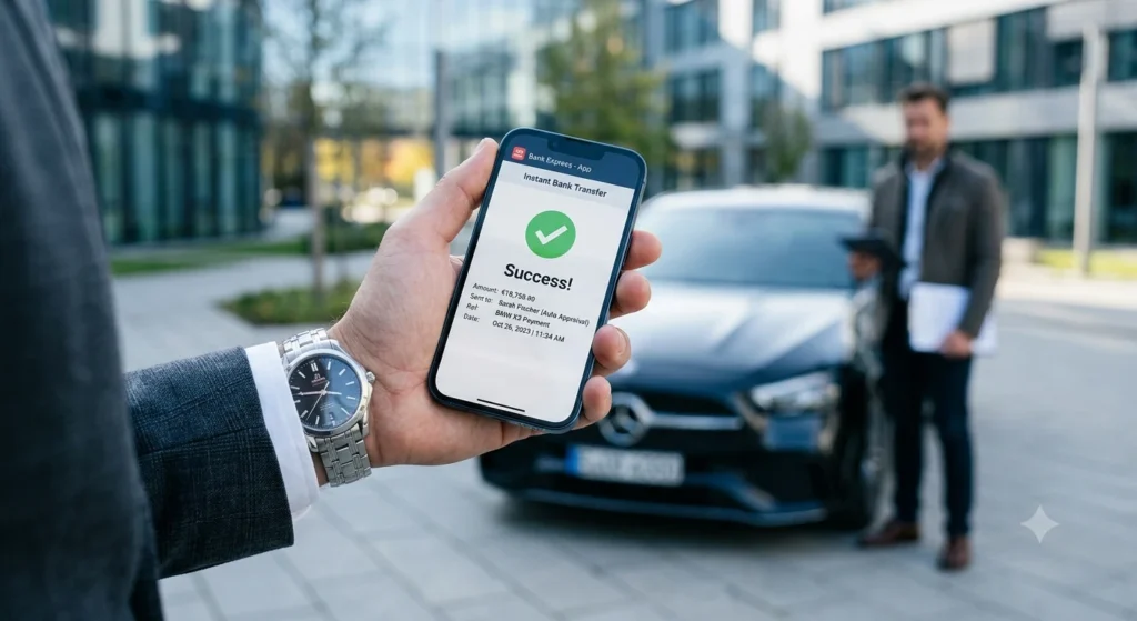 Ekran telefonu z udanym przelewem za samochód, auto skup Warszawa Wola.