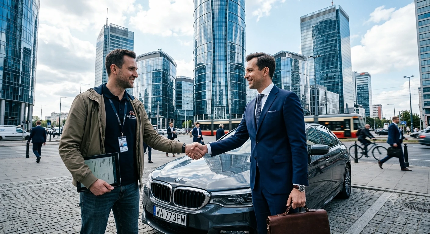 Rzeczoznawca wycenia auto pod biurowcem, skup aut Warszawa Wola.
