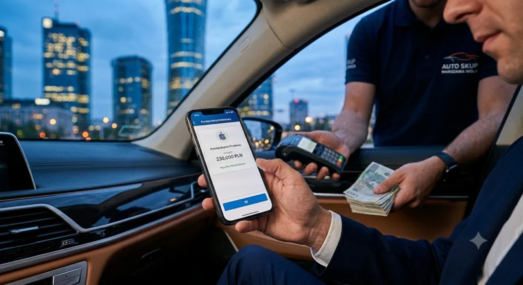 Płatność za auto Warszawa Wola: zbliżenie na telefon z potwierdzeniem przelewu BLIK i gotówkę, gwarancja bezpieczeństwa.
