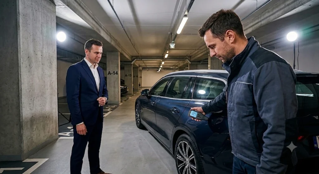 Wycena auta Warszawa Wola: proces sprawdzania miernikiem lakieru w garażu podziemnym apartamentowca przed płatnością.