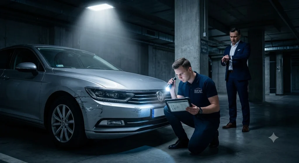 Rzeczoznawca Auto Skup Warszawa Wola weryfikuje uszkodzone auto w ciemnym garażu podziemnym apartamentowca.