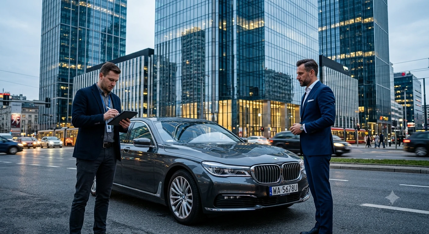 Rzeczoznawca wycenia auto premium pod biurowcem, skup aut Warszawa Wola.