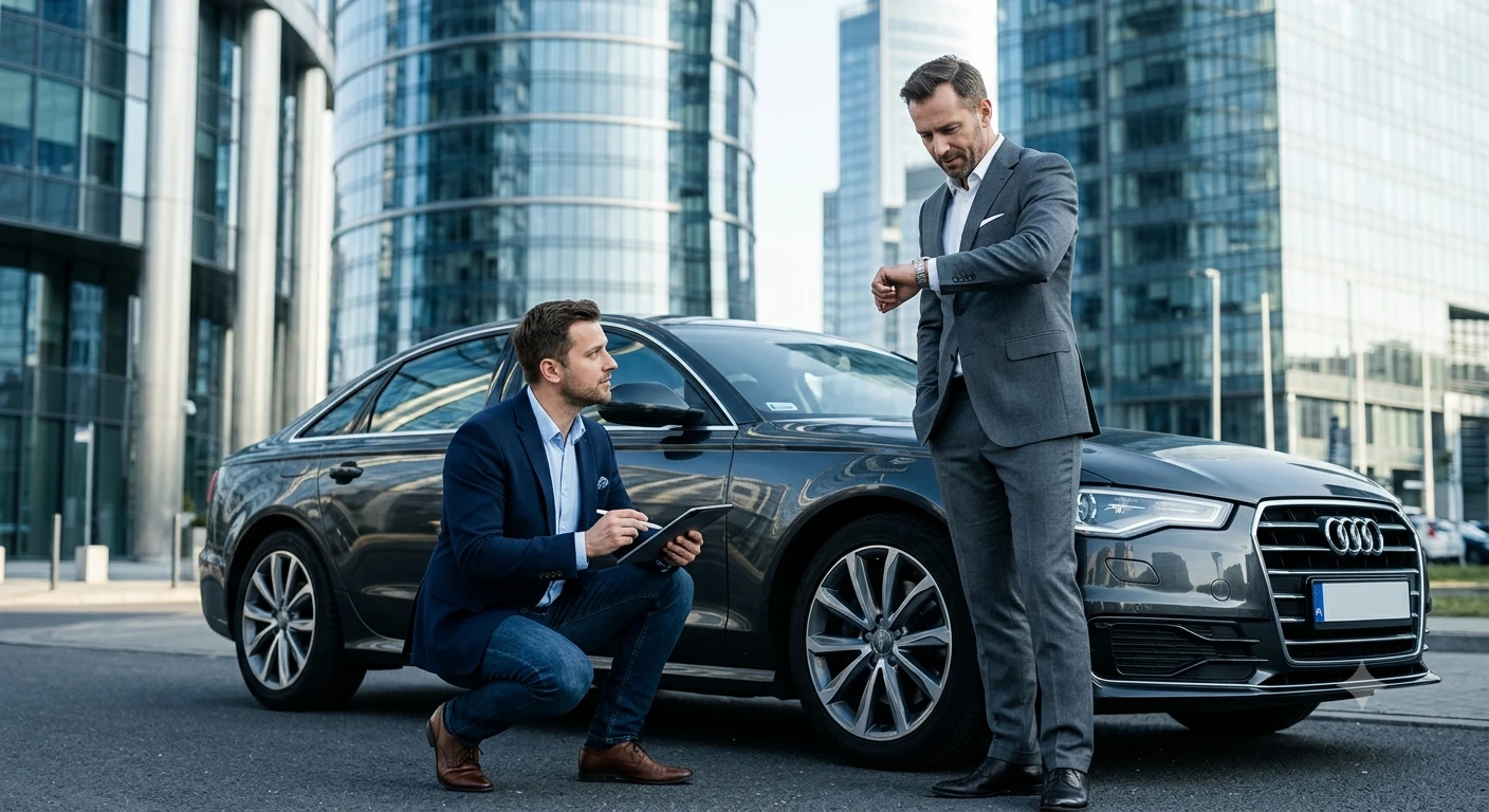 Rzeczoznawca z Auto Skup Warszawa Wola wycenia auto pod nowoczesnym biurowcem. Szybka sprzedaż.
