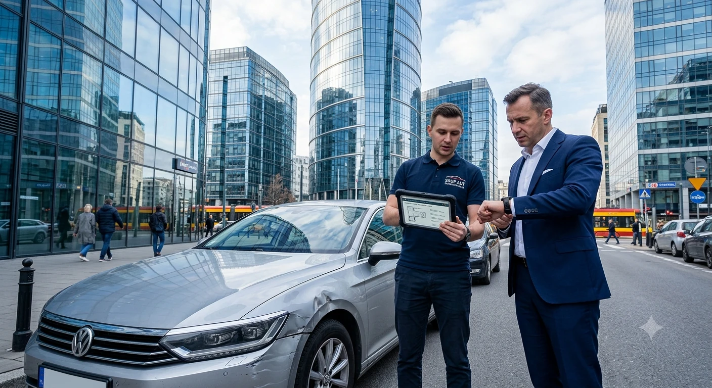 Rzeczoznawca Auto Skup Warszawa Wola wycenia uszkodzony samochód pod szklanym biurowcem dla biznesmena.