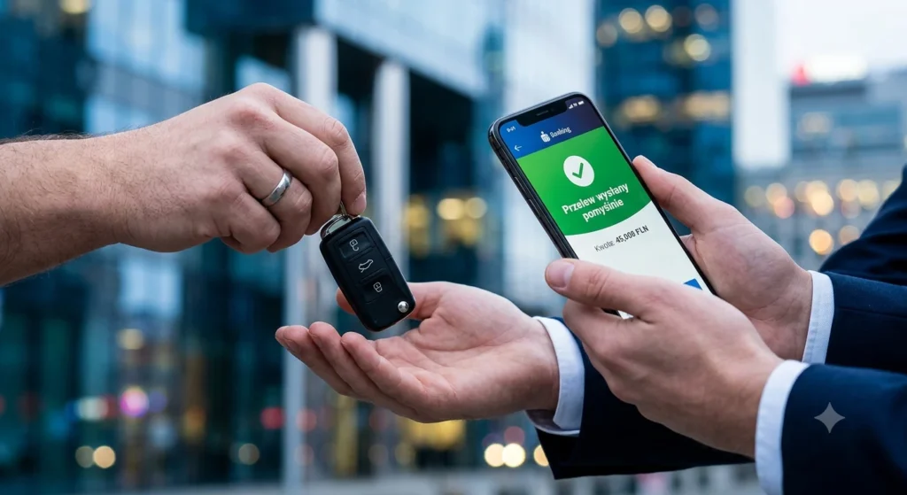 Przelew na telefon za sprzedaż uszkodzonego auta, tło szklanych biurowców, Auto Skup Warszawa Wola.