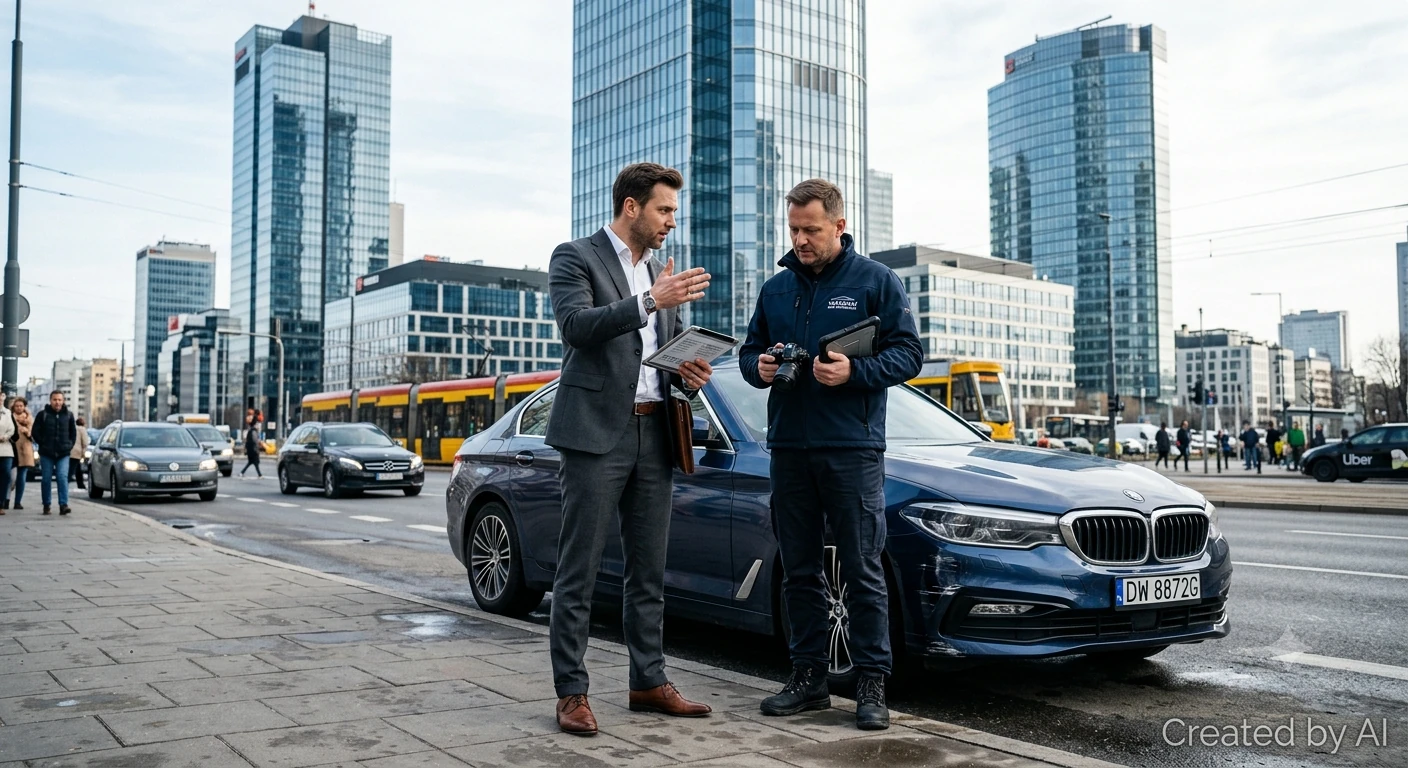Biznesmen sprzedaje auto uszkodzone podczas wakacyjnej kolizji rzeczoznawcy pod biurowcem, Warszawa Wola.